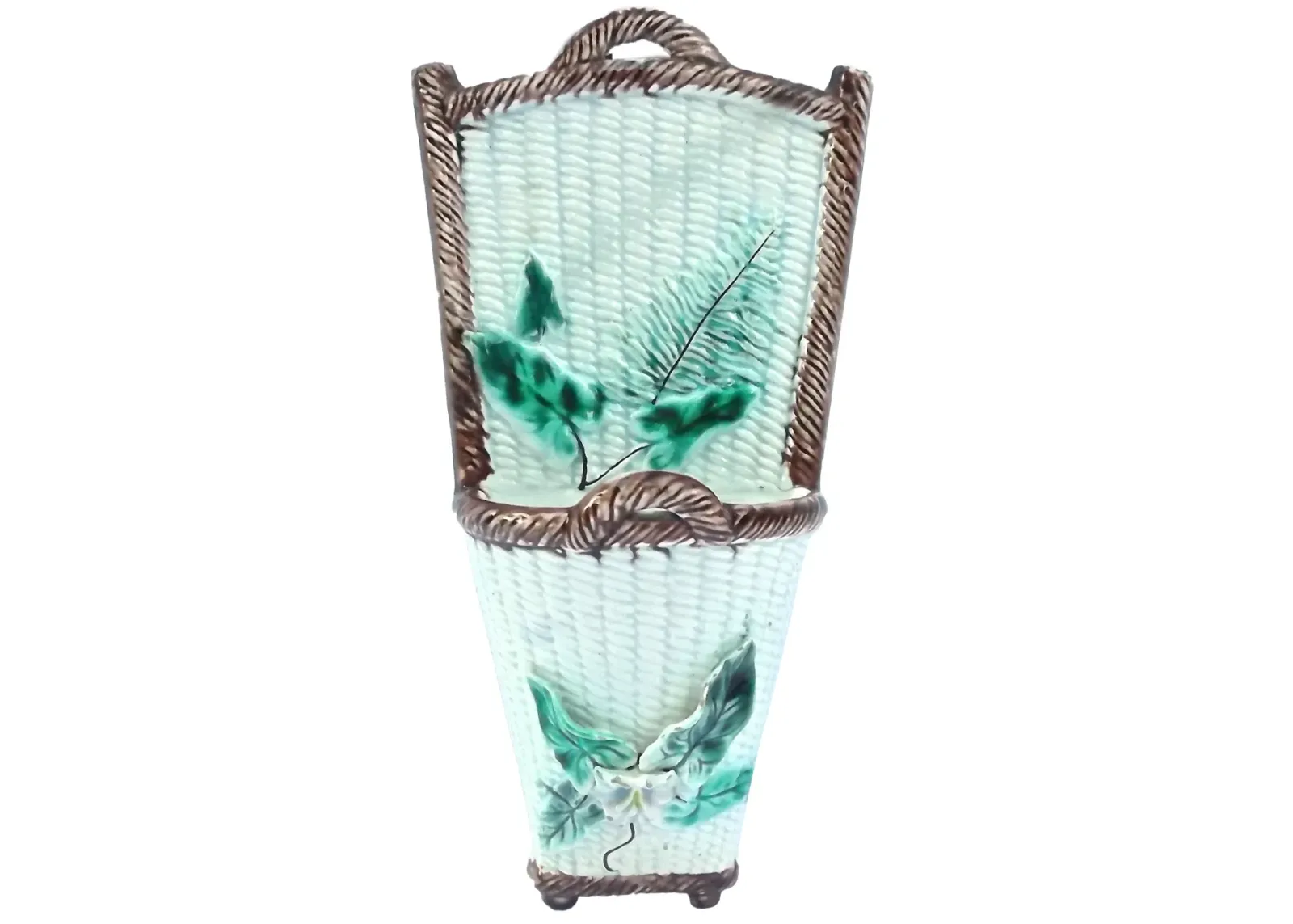 Fern & Leaf Majolica Basket Wall Pocket - Vermilion Designs - Blue