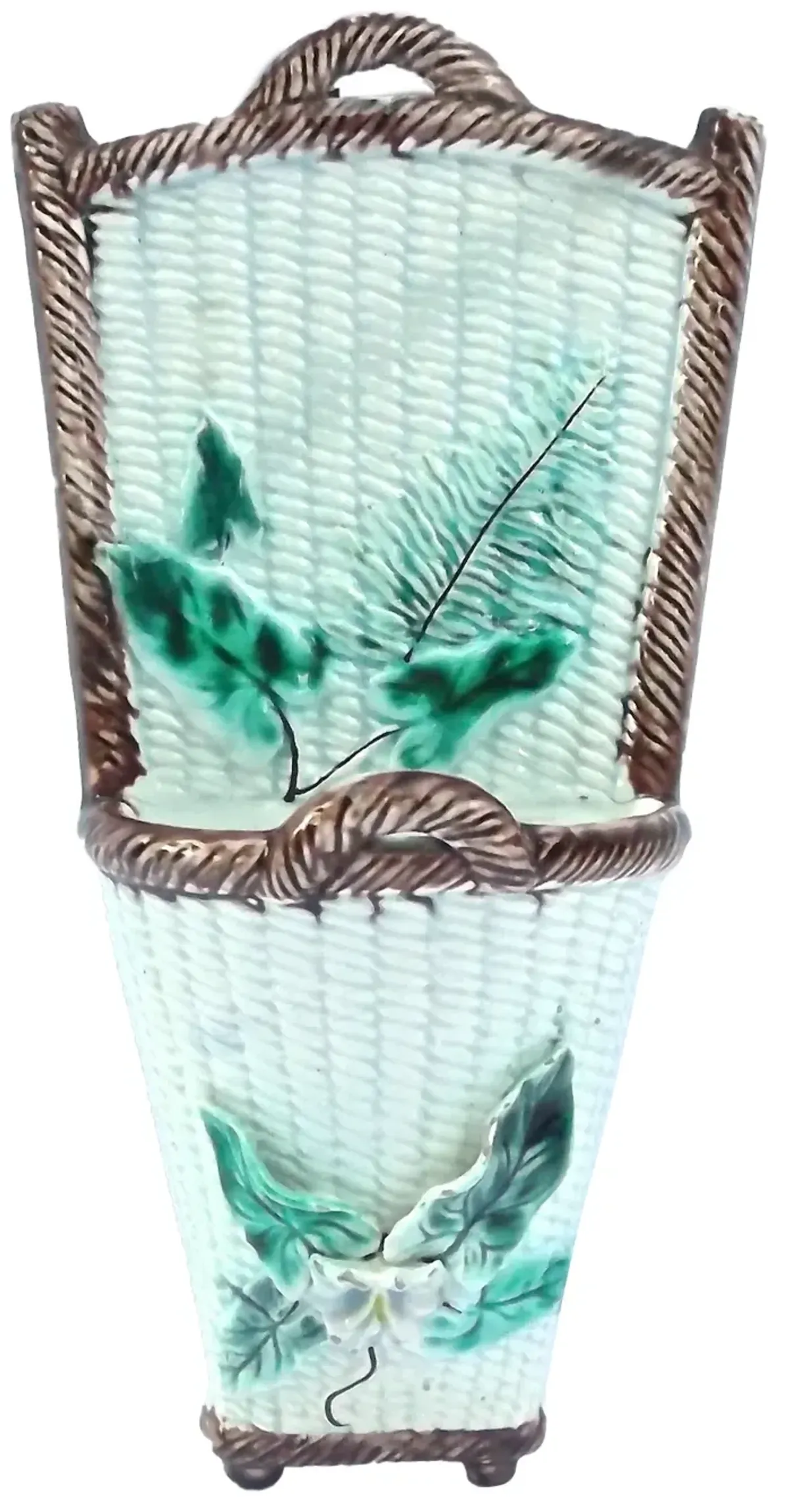 Fern & Leaf Majolica Basket Wall Pocket - Vermilion Designs - Blue