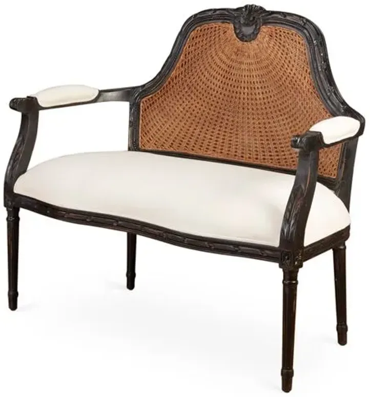 Serena Cane Settee - Black/White Linen - Handcrafted - Ivory