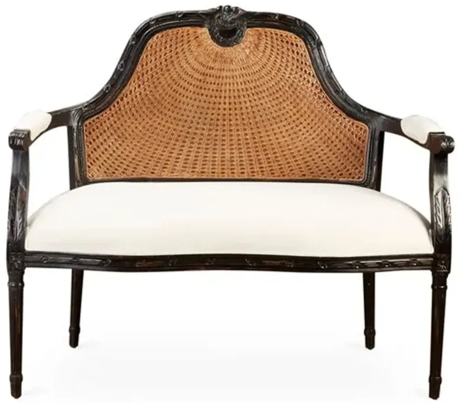 Serena Cane Settee - Black/White Linen - Handcrafted - Ivory