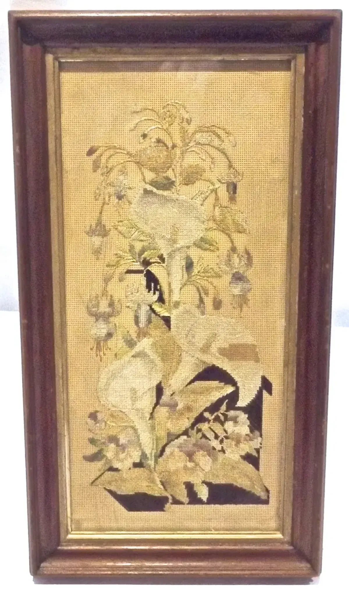 Antique Framed Floral Needlepoint - Vermilion Designs - Beige