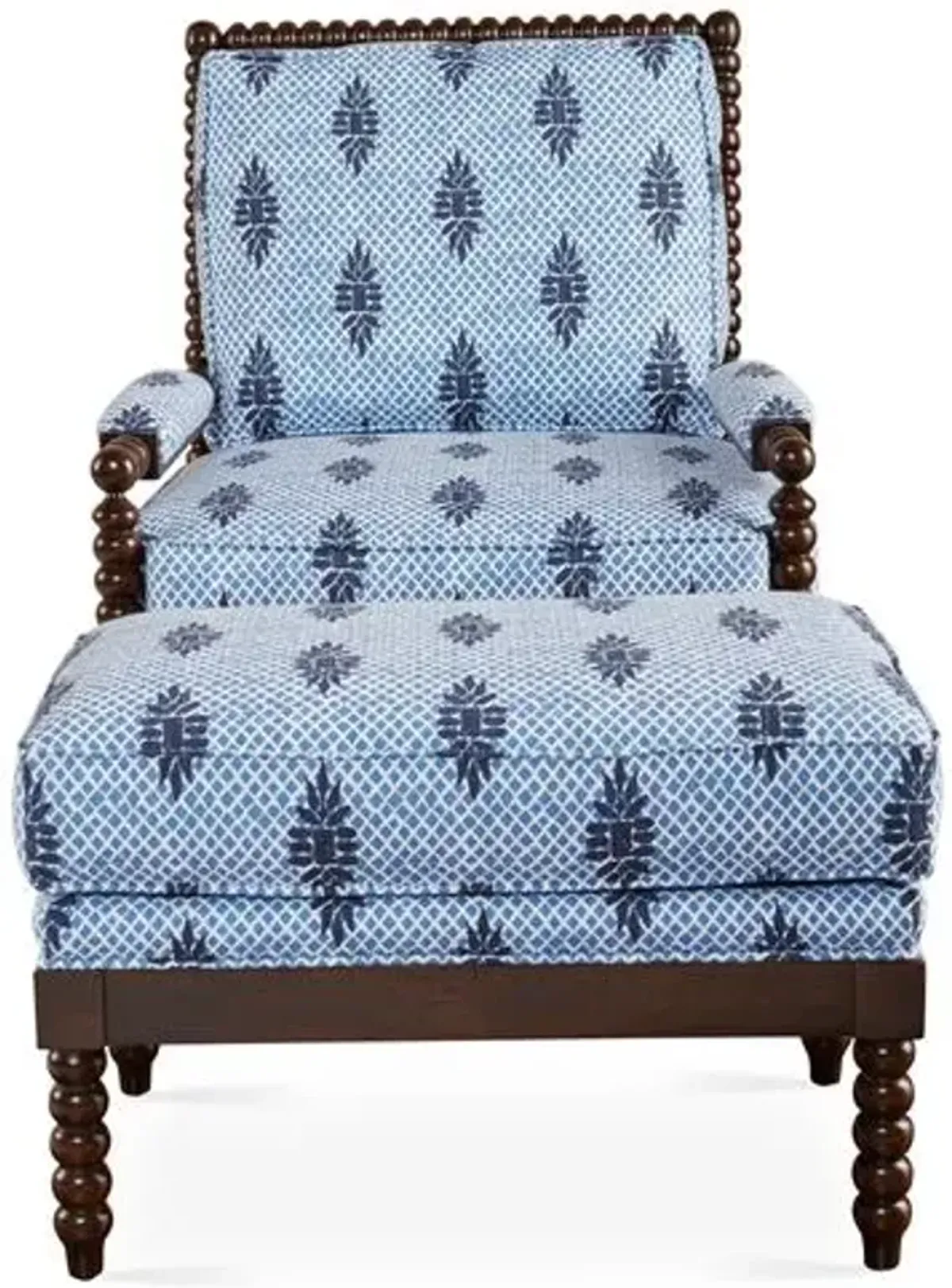 Bankwood Spindle Chair & Ottoman - Blue Block Print - Miles Talbott - Handcrafted