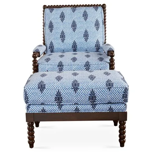 Bankwood Spindle Chair & Ottoman - Blue Block Print - Miles Talbott - Handcrafted