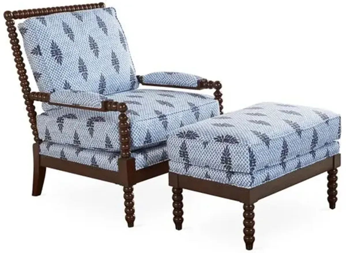 Bankwood Spindle Chair & Ottoman - Blue Block Print - Miles Talbott - Handcrafted