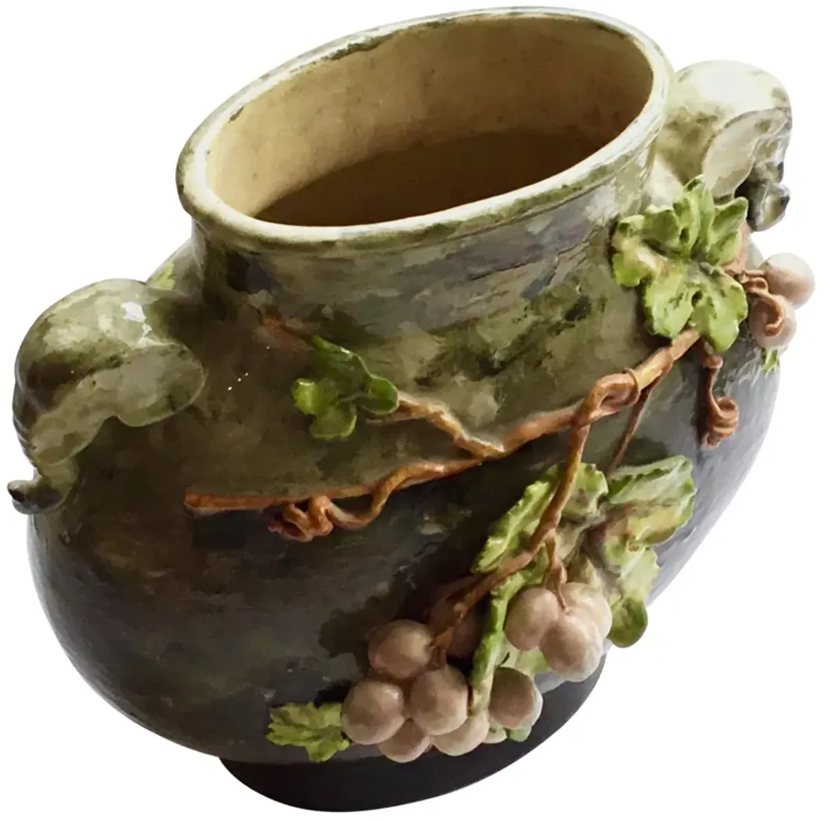 Grape & Elephant Barbotine Majolica Vase - Vermilion Designs - Handcrafted - Green