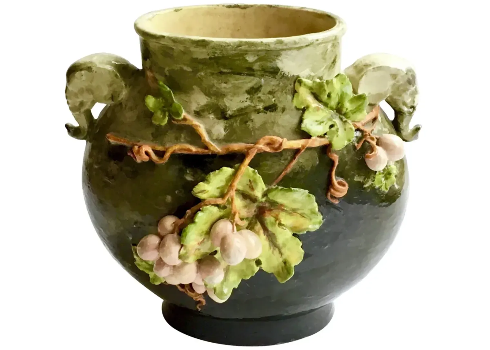 Grape & Elephant Barbotine Majolica Vase - Vermilion Designs - Handcrafted - Green