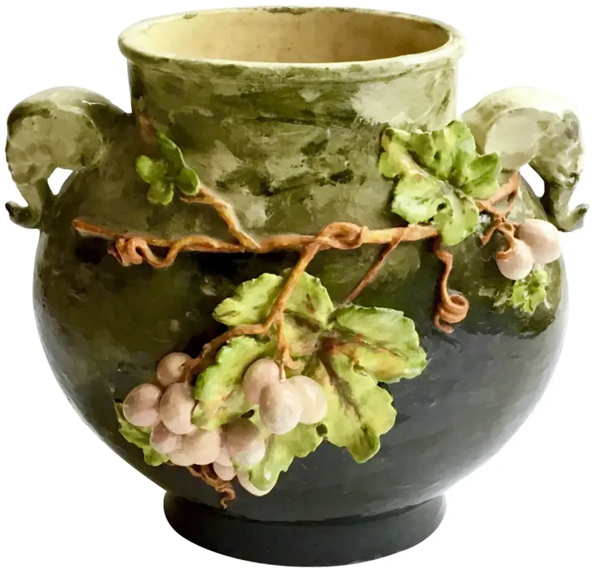 Grape & Elephant Barbotine Majolica Vase - Vermilion Designs - Handcrafted - Green