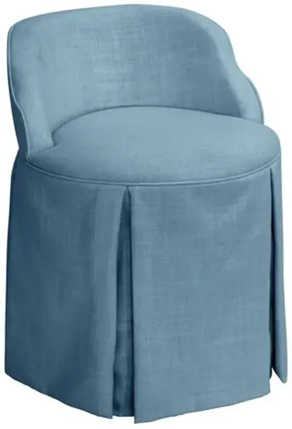 Addie Vanity Stool - Linen - Handcrafed in The USA - Blue, Sturdy, Contoured Back - Versatile, Comfortable, Functional