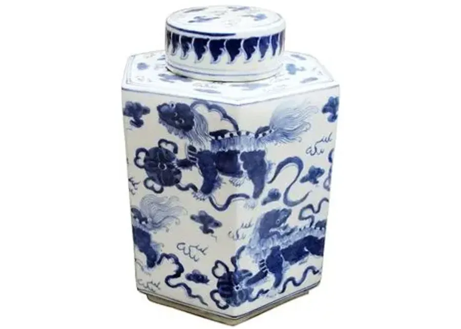 11" Lion Hexagonal Tea Jar - Blue/White