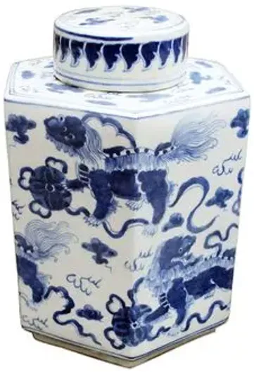 11" Lion Hexagonal Tea Jar - Blue/White