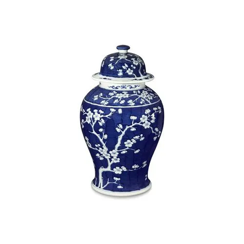 21" Plum Tree Temple Jar - Blue/White