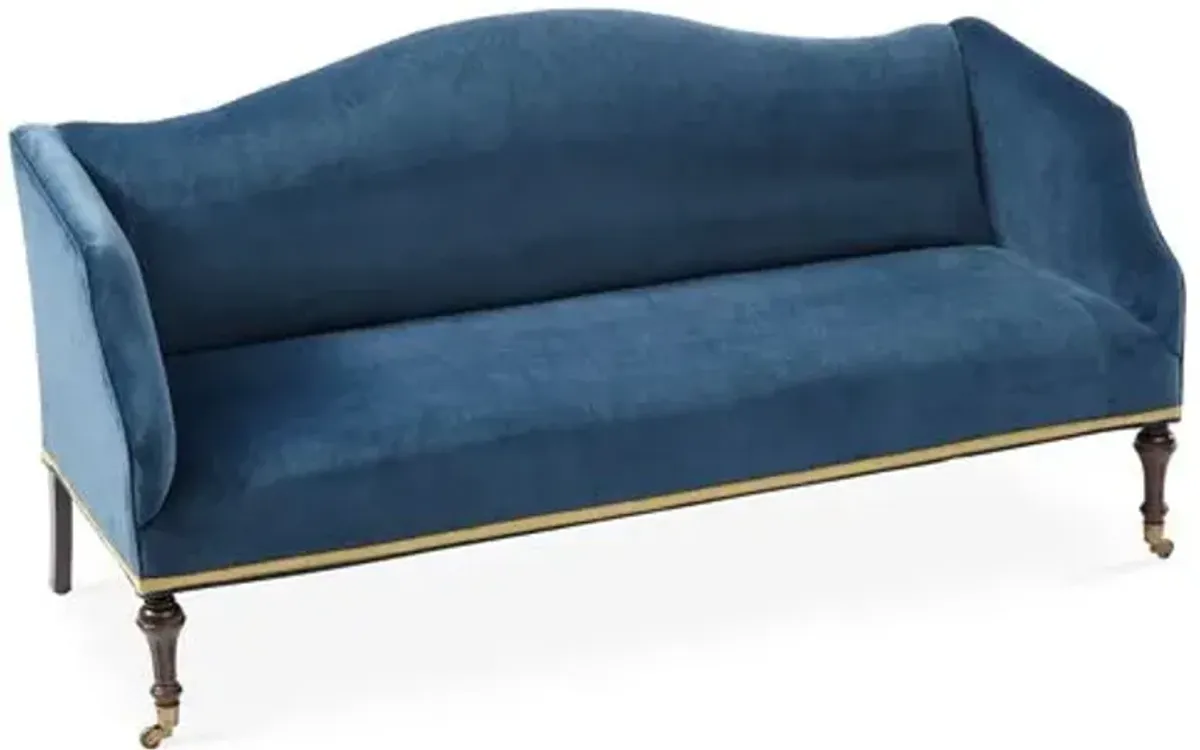 Lydia Camelback Settee - Peacock Velvet - Blue