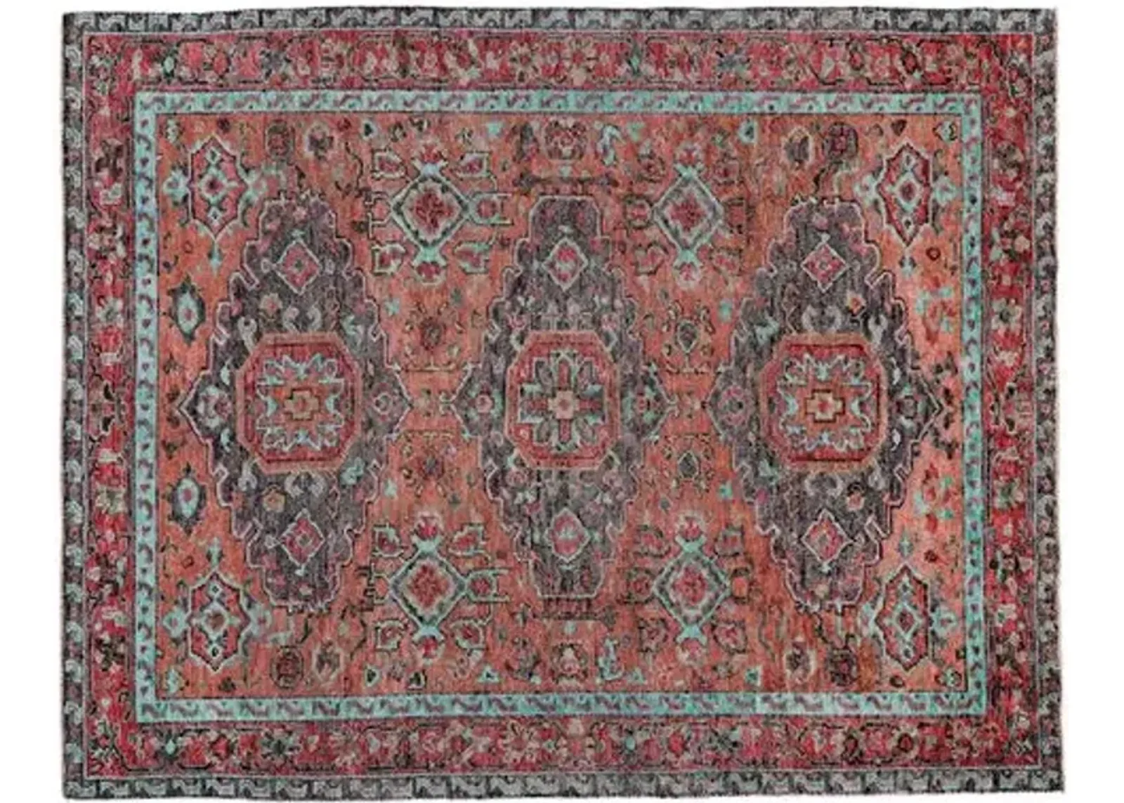 Celine Hand-Knotted Rug - Rust/Aqua - Red - Red