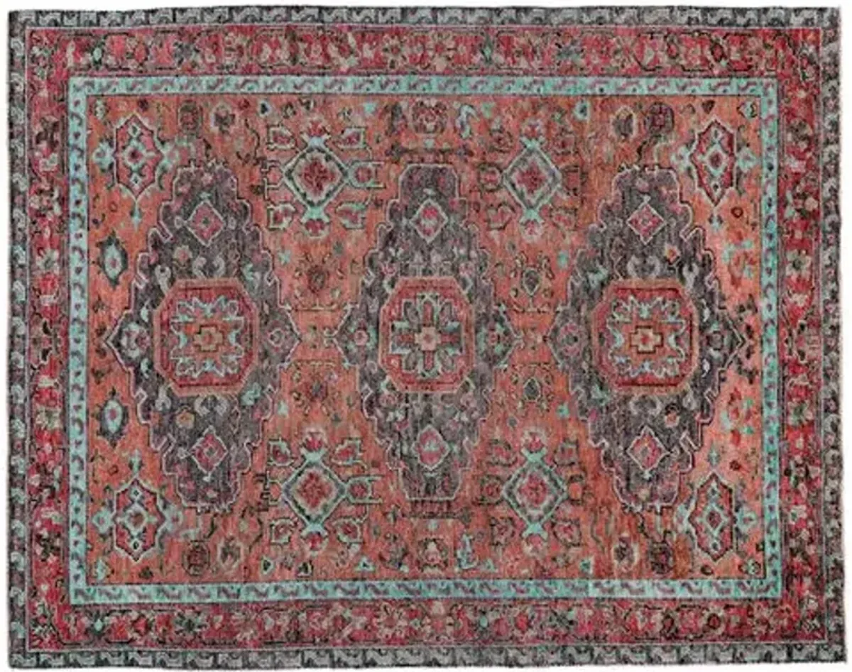 Celine Hand-Knotted Rug - Rust/Aqua - Red - Red