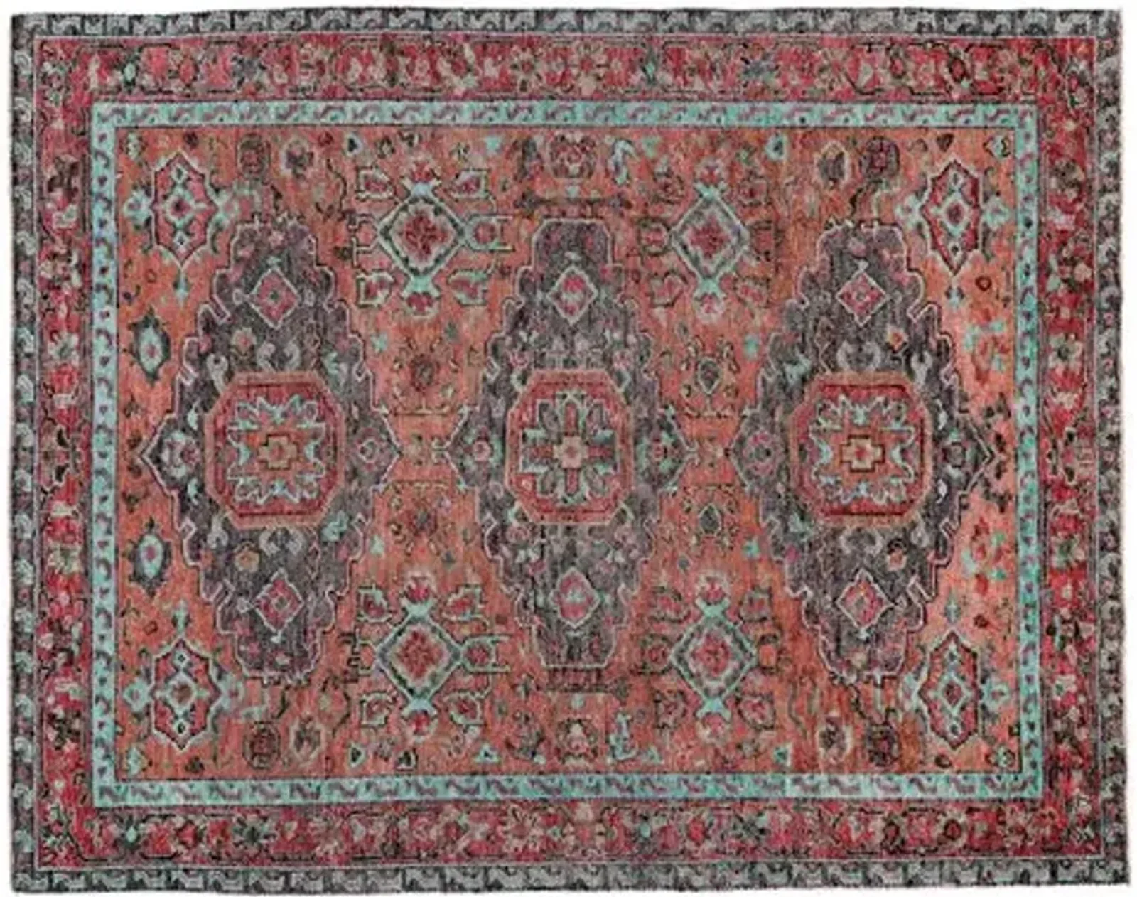 Celine Hand-Knotted Rug - Rust/Aqua - Red - Red