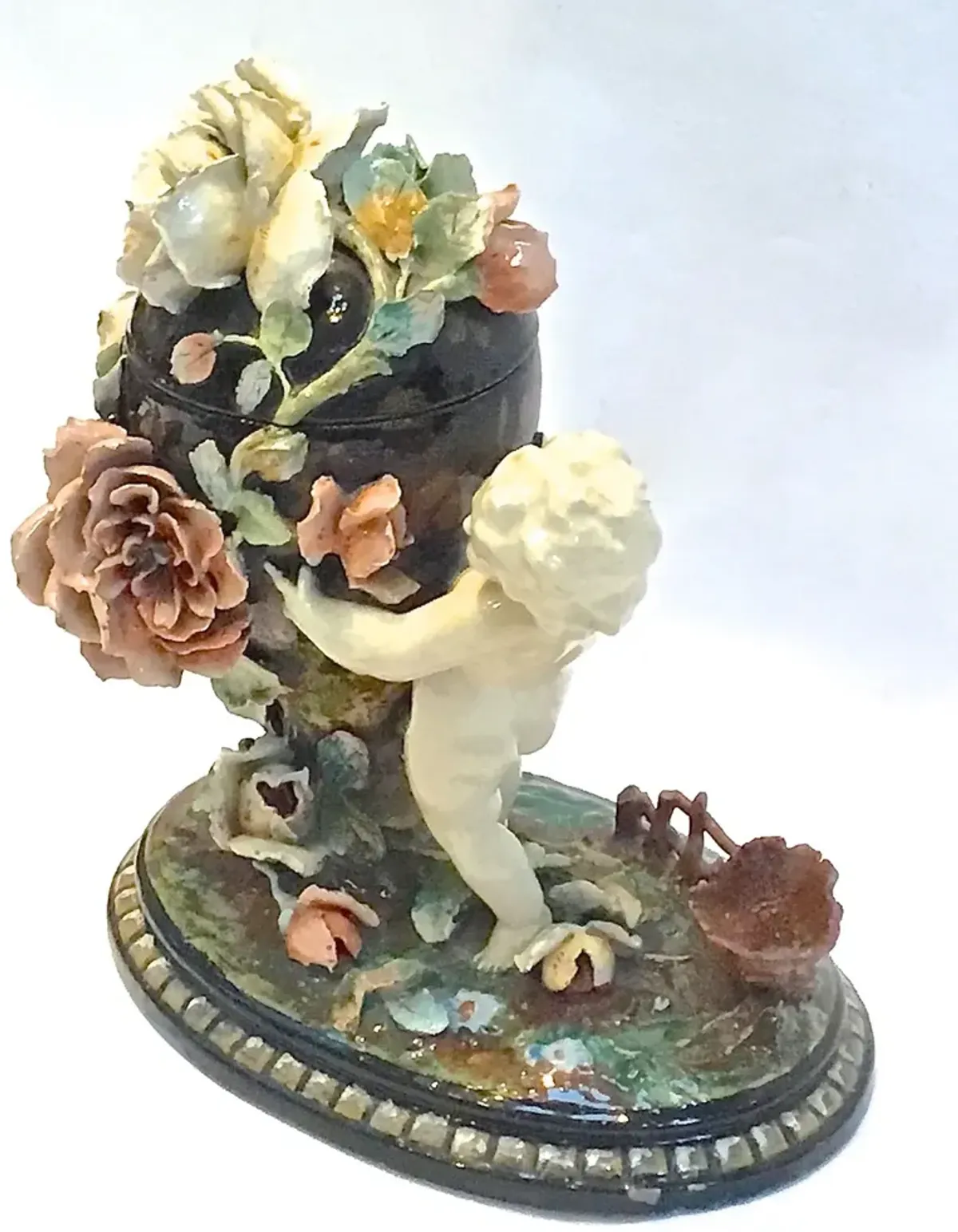 Barbotine Majolica Cherub & Floral Jar - Vermilion Designs - Beige