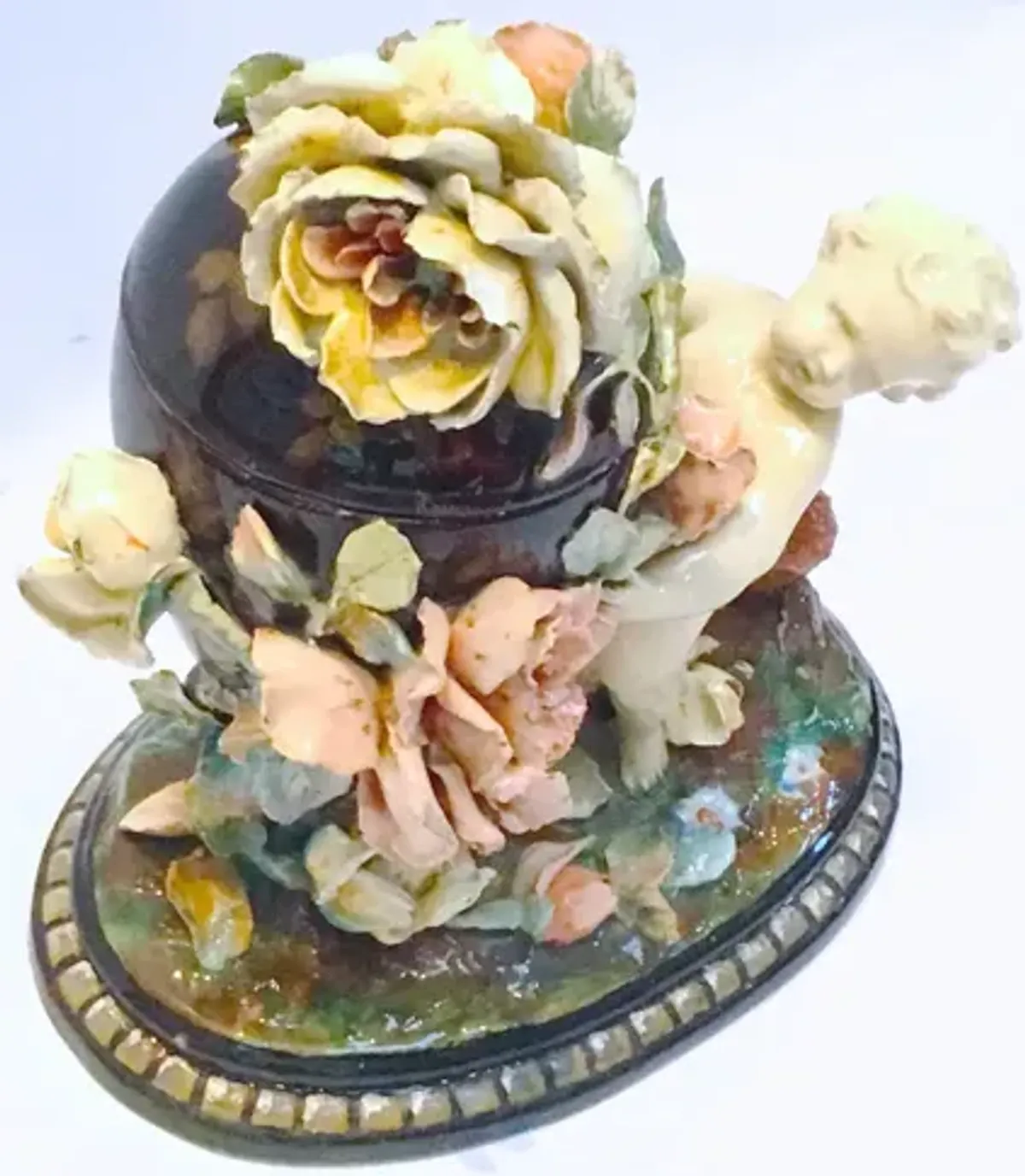 Barbotine Majolica Cherub & Floral Jar - Vermilion Designs - Beige