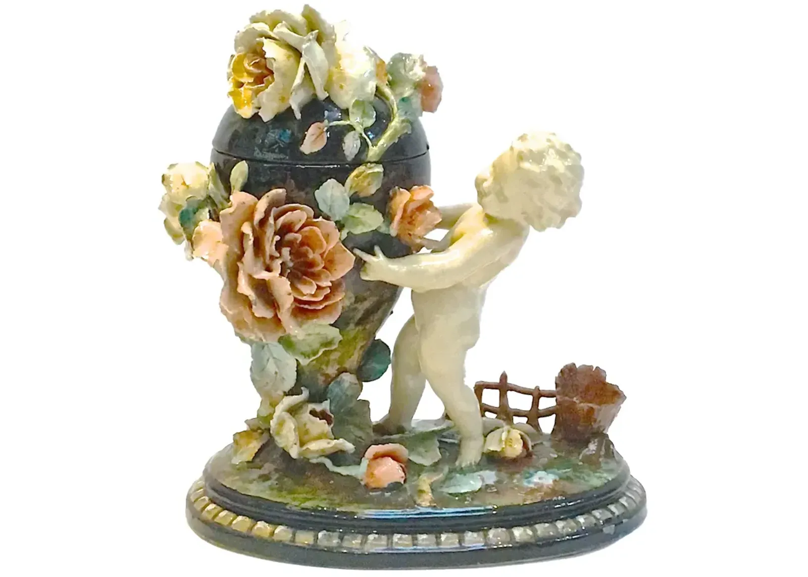 Barbotine Majolica Cherub & Floral Jar - Vermilion Designs - Beige