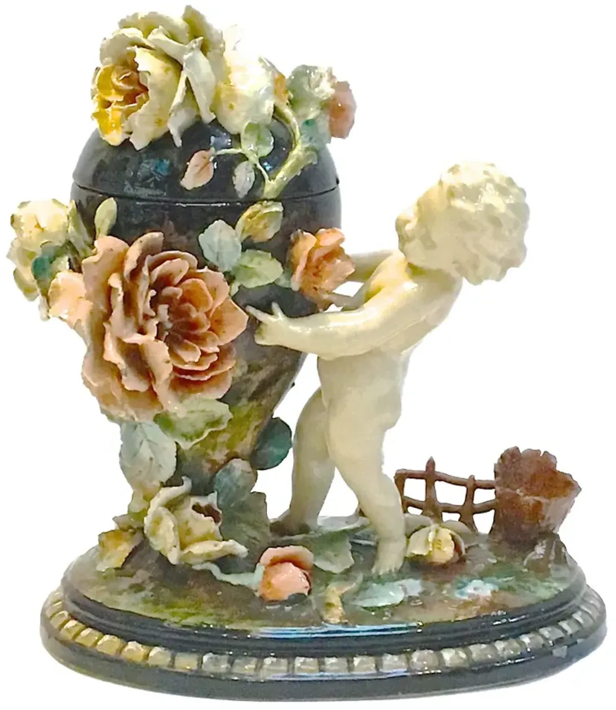 Barbotine Majolica Cherub & Floral Jar - Vermilion Designs - Beige