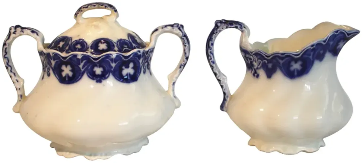 Antique English Savoy Creamer & Sugar - Ballyhoo - Blue