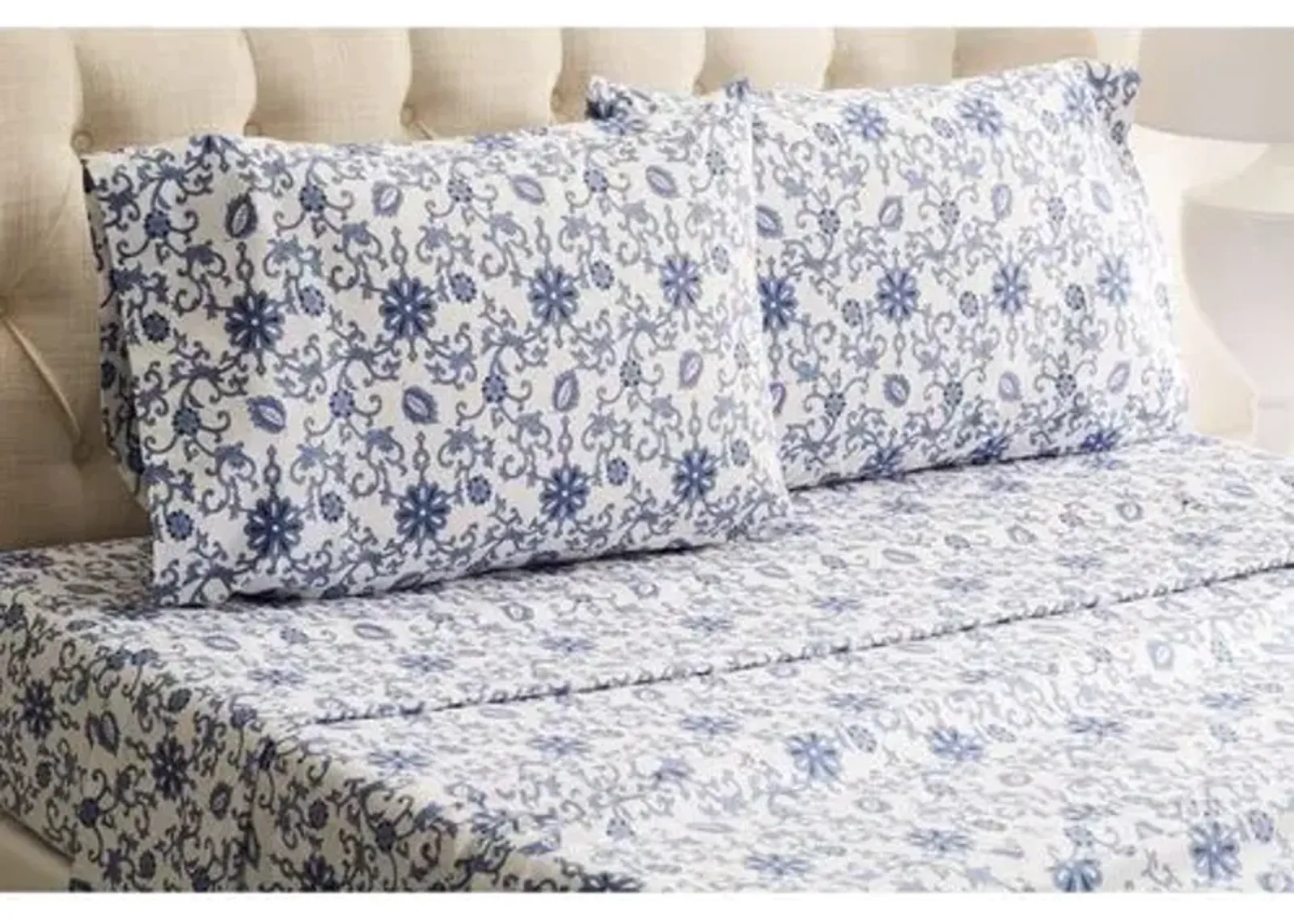 Paisley Flannel Sheet Set - Blue - Belle Epoque, 300 Thread Count, Egyptian Cotton Sateen, Soft and Luxurious