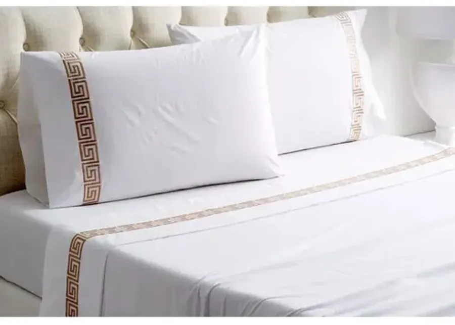 Greek Key Sheet Set - White/Tan - Hamburg House, 300 Thread Count, Egyptian Cotton Sateen, Soft and Luxurious