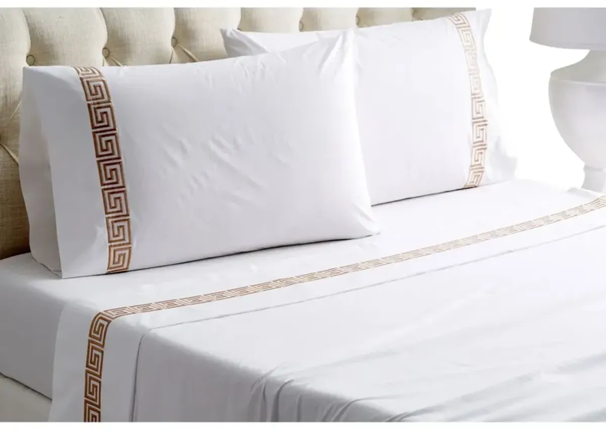 Greek Key Sheet Set - White/Tan - Hamburg House, 300 Thread Count, Egyptian Cotton Sateen, Soft and Luxurious