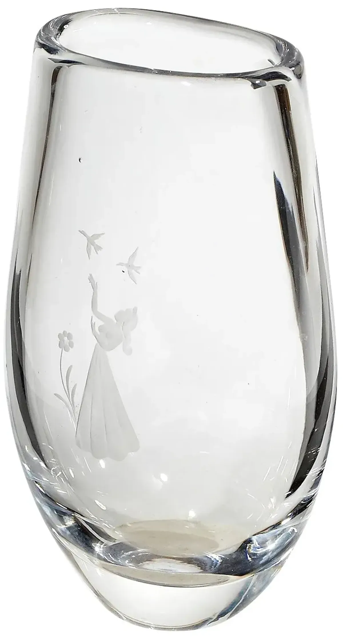 Orrefors Etched Lady with Birds Vase - 2-b-Modern - Clear