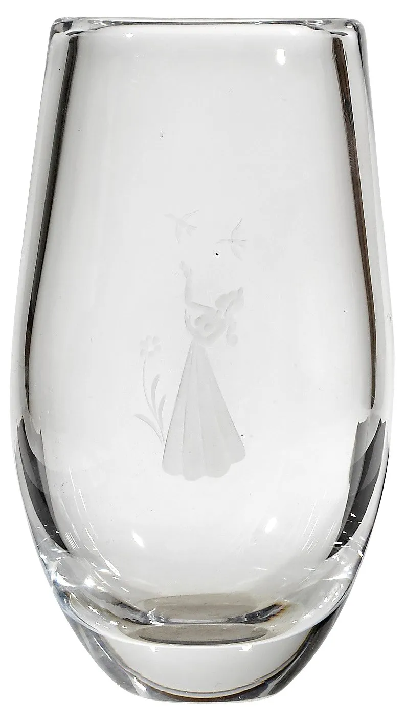 Orrefors Etched Lady with Birds Vase - 2-b-Modern - Clear