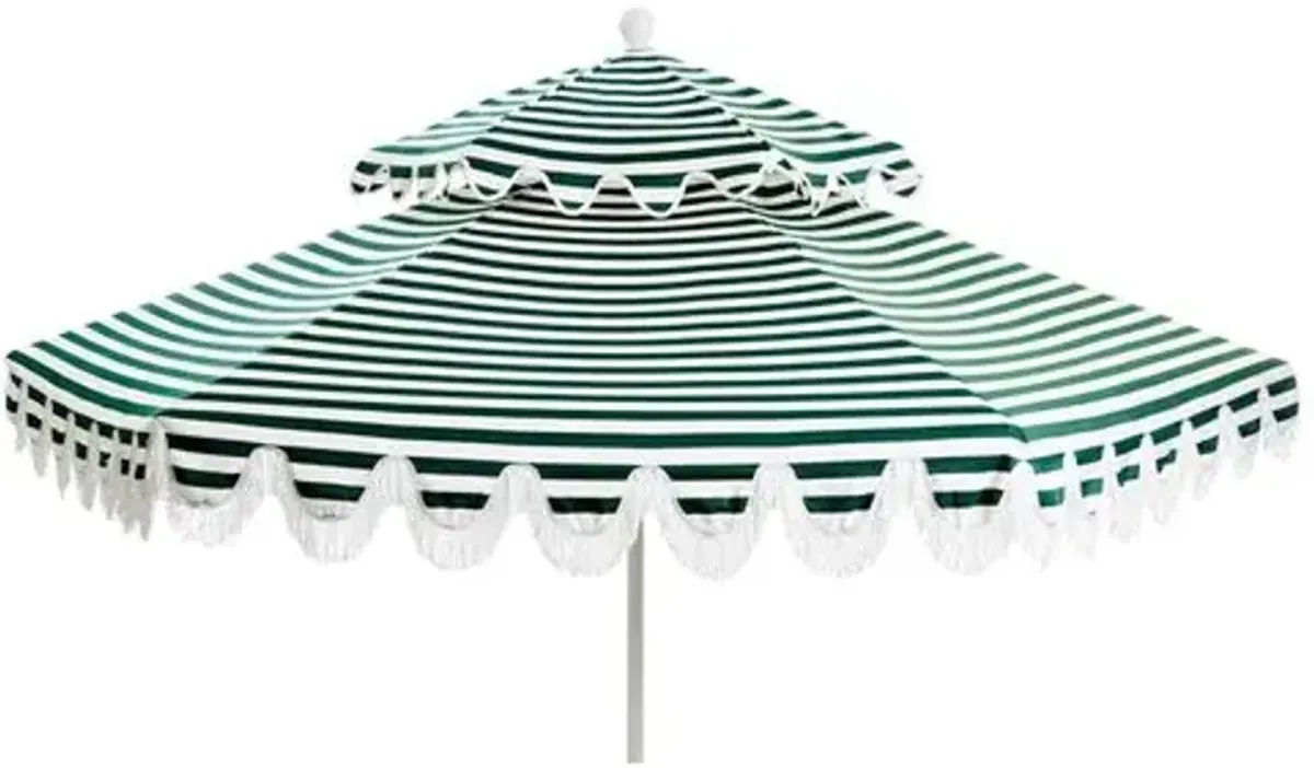 Daiana Fringe Two-Tier Patio Umbrella - Sunbrella Stripe - Green