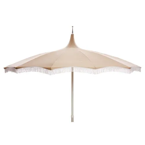 Ari Pagoda Fringe Patio Umbrella - Beige/White