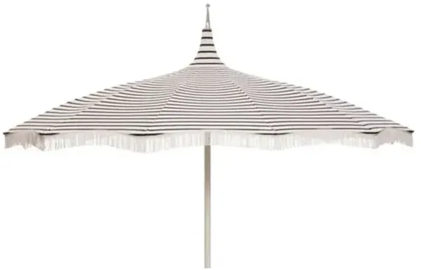 Ari Pagoda Fringe Patio Umbrella - Sunbrella Stripe - Blue