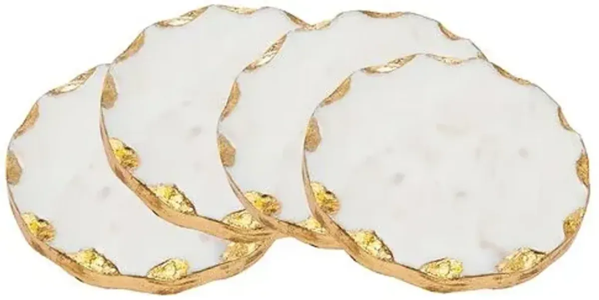 Set of 4 Round Marble Coasters - White/Gold