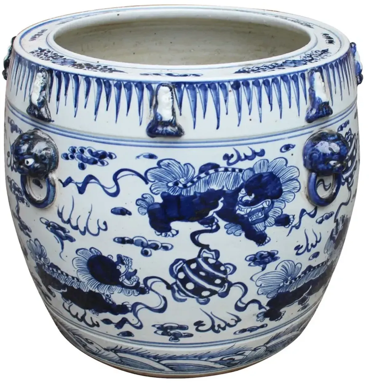 17" Lion Drum Planter, Blue/White