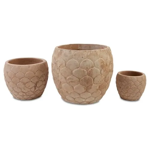 Asst. of 3 Pina Outdoor Planters - Antiqued Terracotta - Campania International - Beige - small, 11.75"dia x 9.75"h; medium, 17"dia x 14.25"h; large, 24"dia x 19.75"h