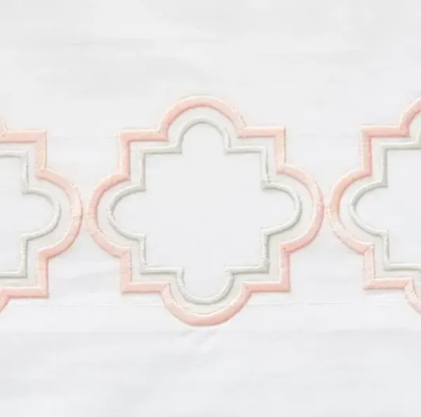 Quatrefoil Embroidered Outline Sheet Set - Hamburg House - White, 300 Thread Count, Egyptian Cotton Sateen, Soft and Luxurious