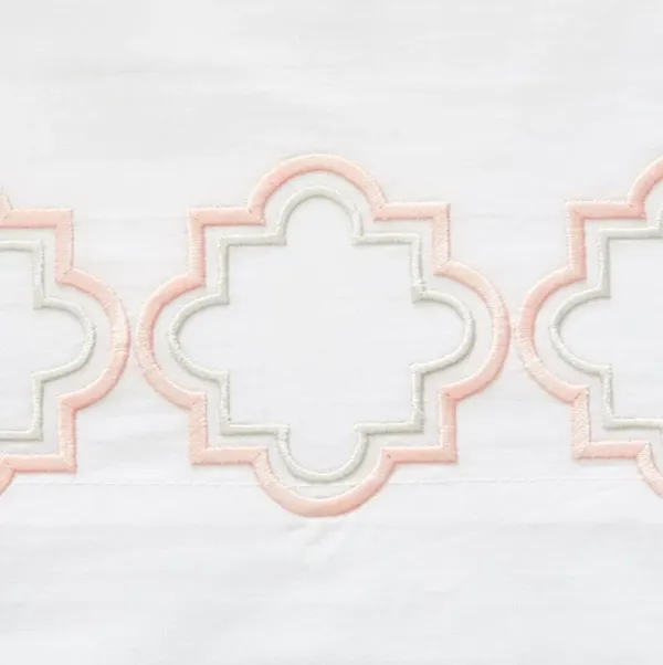 Quatrefoil Embroidered Outline Sheet Set - Hamburg House - White, 300 Thread Count, Egyptian Cotton Sateen, Soft and Luxurious