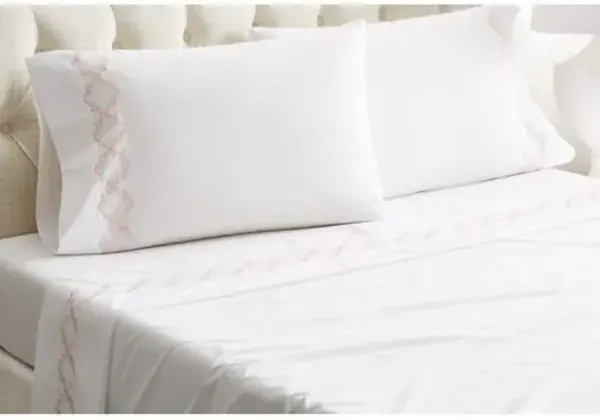 Quatrefoil Embroidered Outline Sheet Set - Hamburg House - White, 300 Thread Count, Egyptian Cotton Sateen, Soft and Luxurious