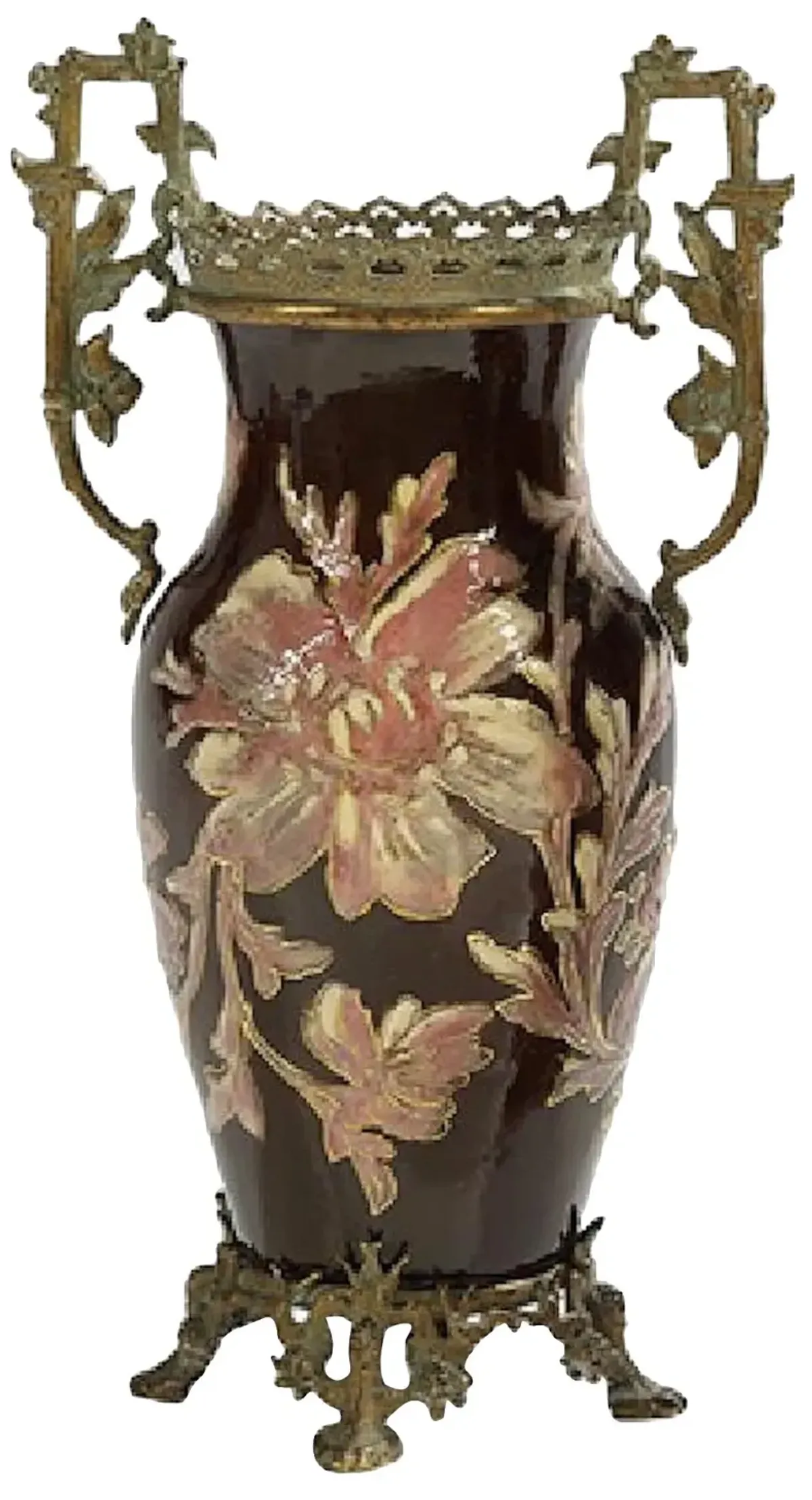 French Art Nouveau Floral Majolica Vase - Vermilion Designs - Black