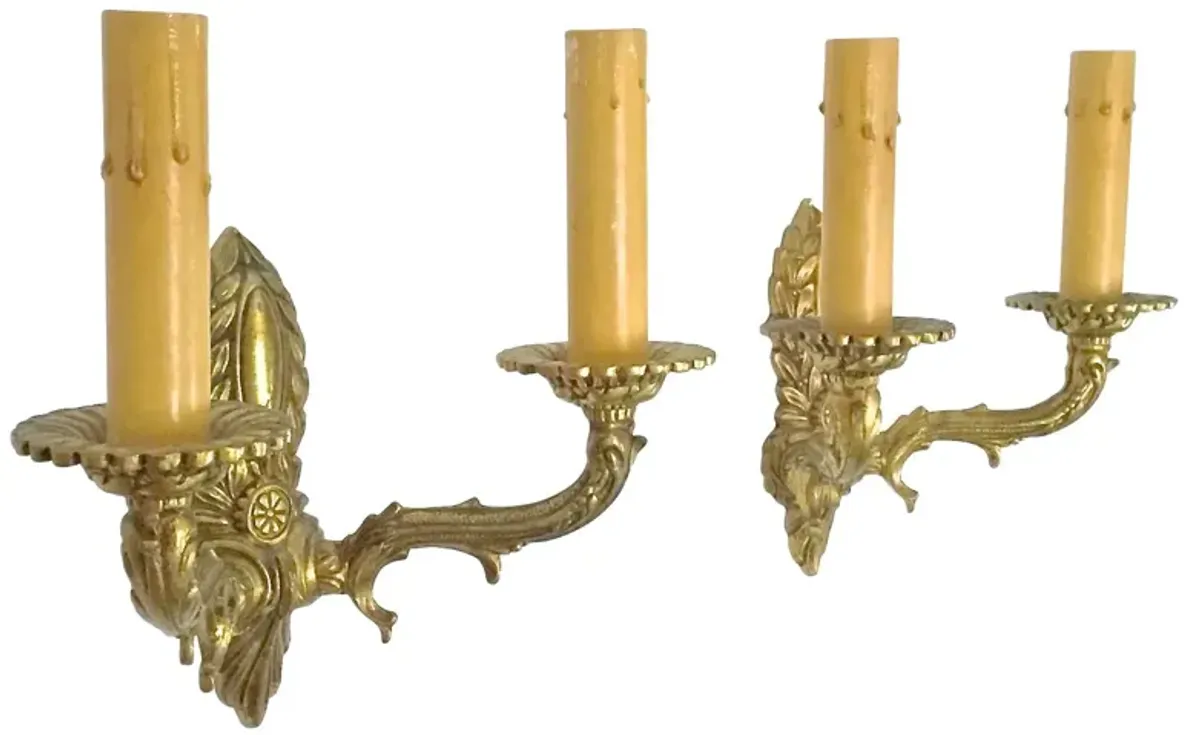 Antique Brass Acanthus Leaf Sconces - Set of 2 - Vermilion Designs - Gold