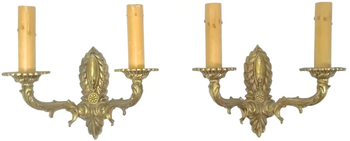 Antique Brass Acanthus Leaf Sconces - Set of 2 - Vermilion Designs - Gold