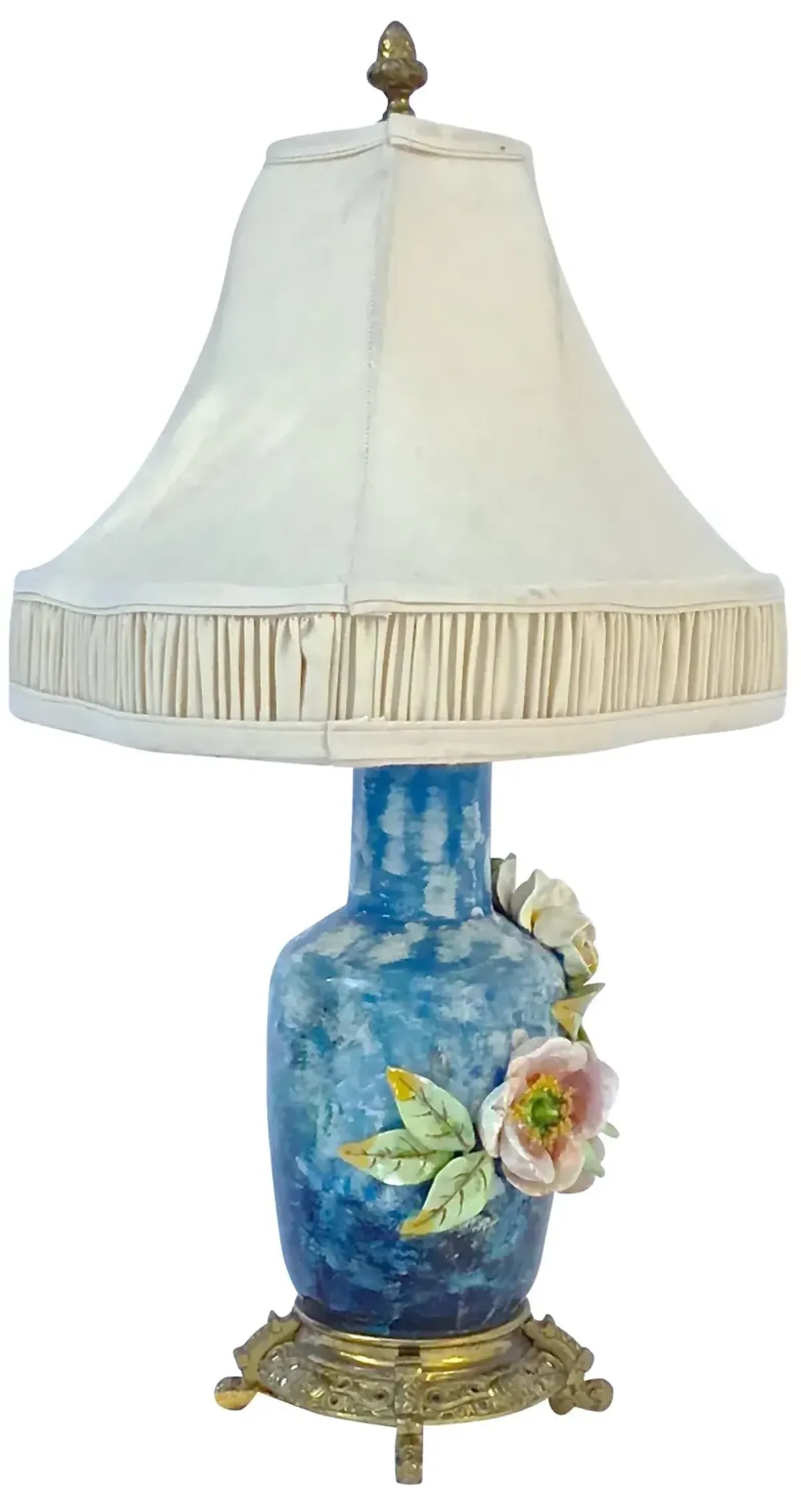 French Barbotine Majolica Floral Lamp - Vermilion Designs