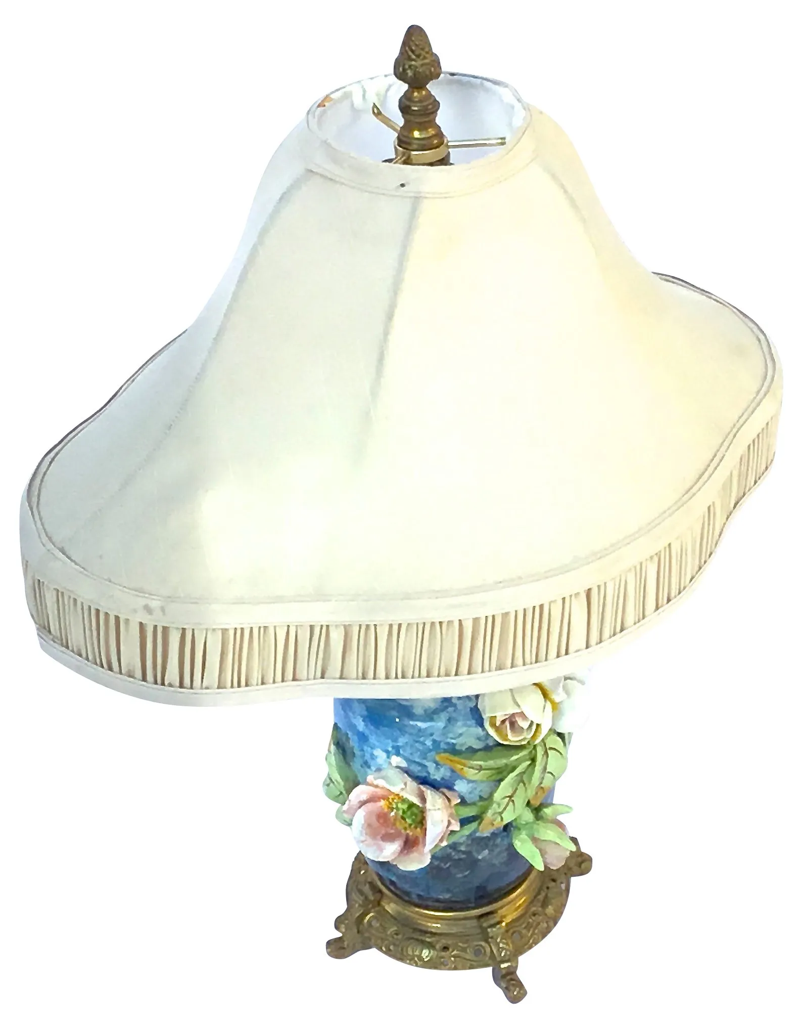 French Barbotine Majolica Floral Lamp - Vermilion Designs