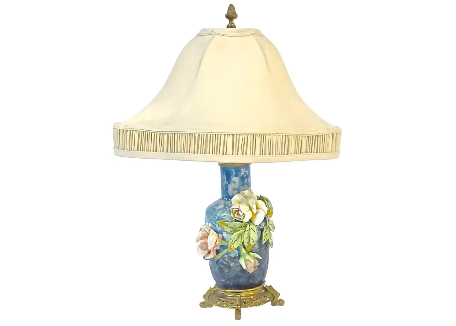 French Barbotine Majolica Floral Lamp - Vermilion Designs