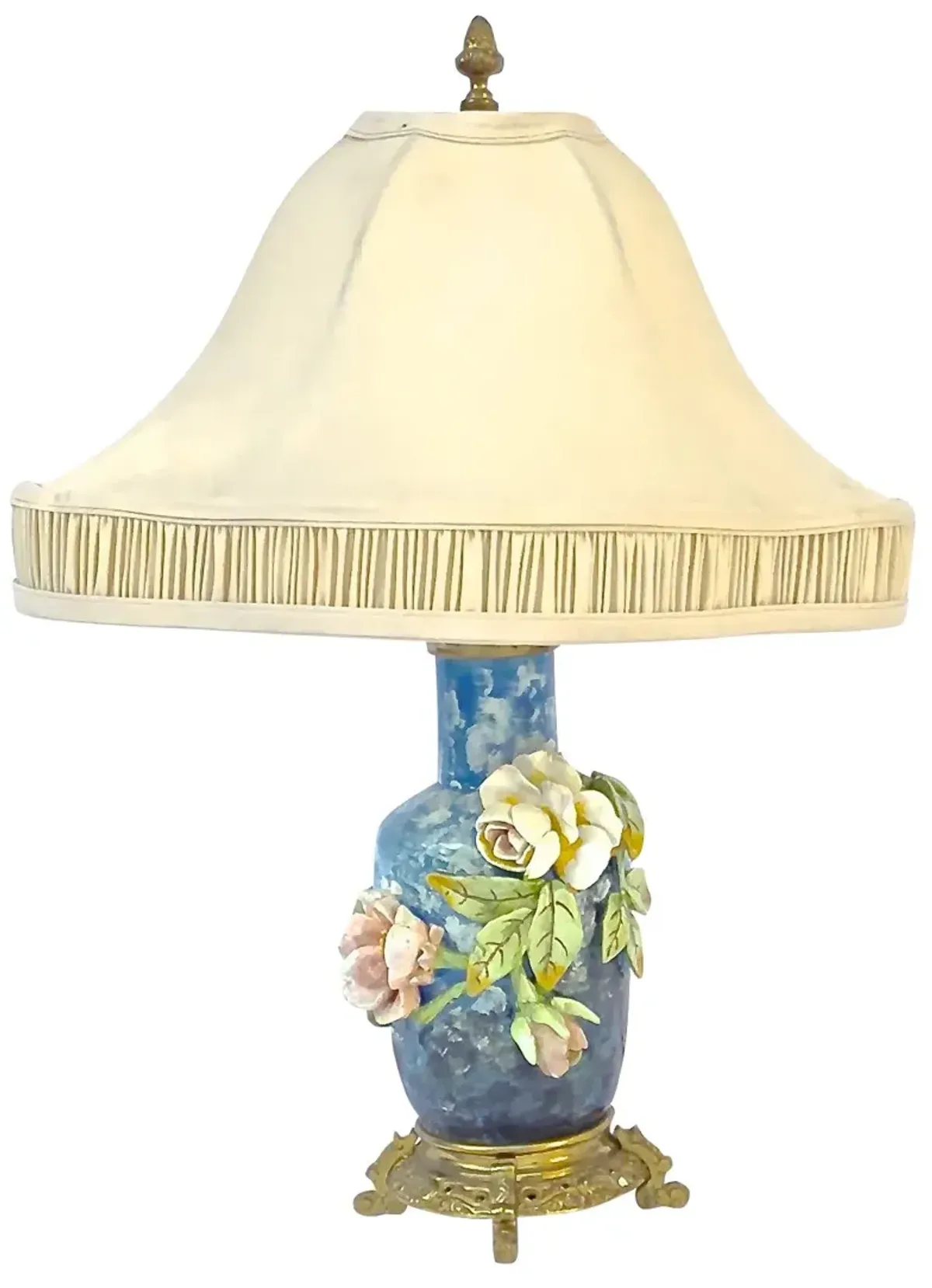 French Barbotine Majolica Floral Lamp - Vermilion Designs