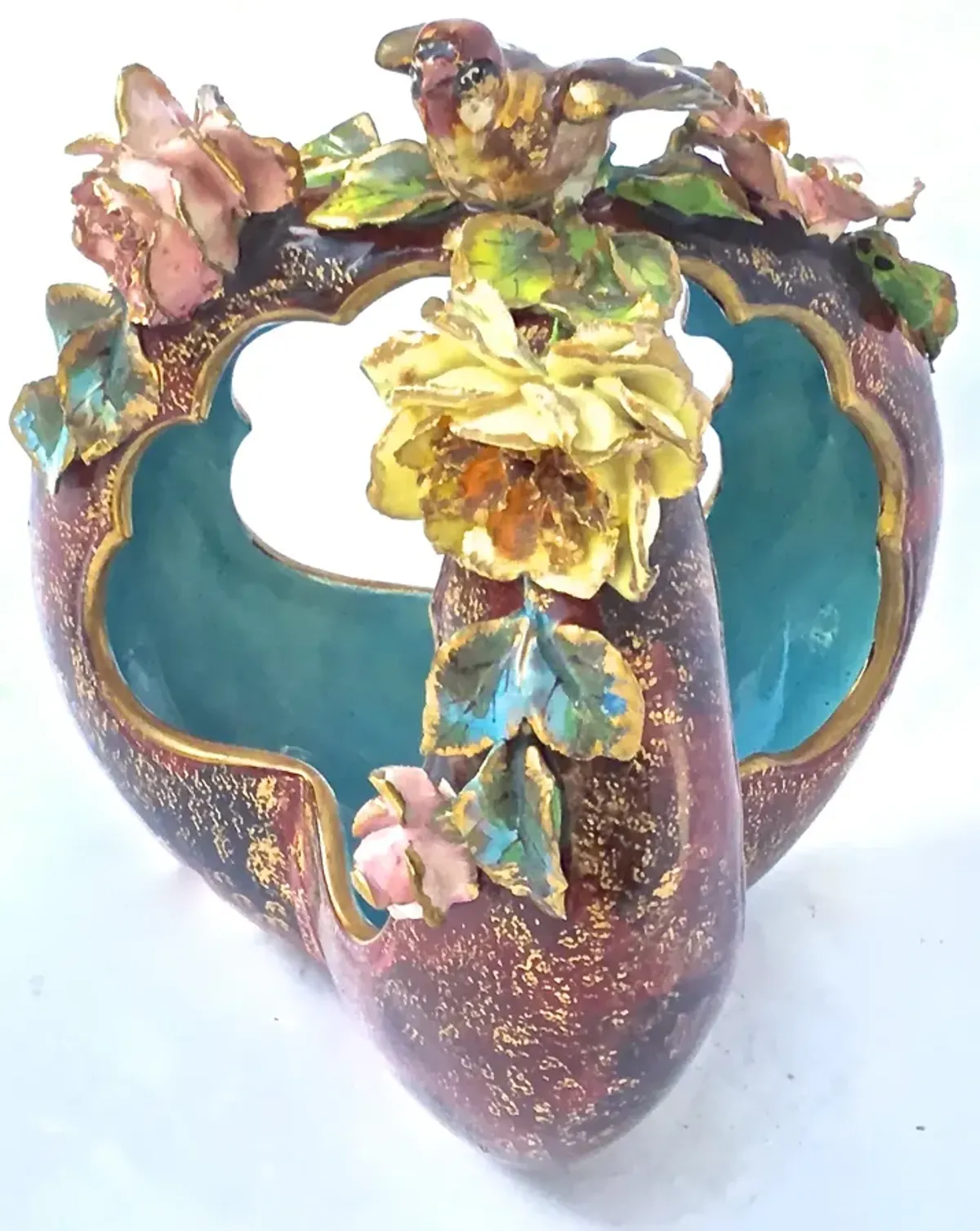 Antique Majolica Bird & Floral Basket - Vermilion Designs - purple