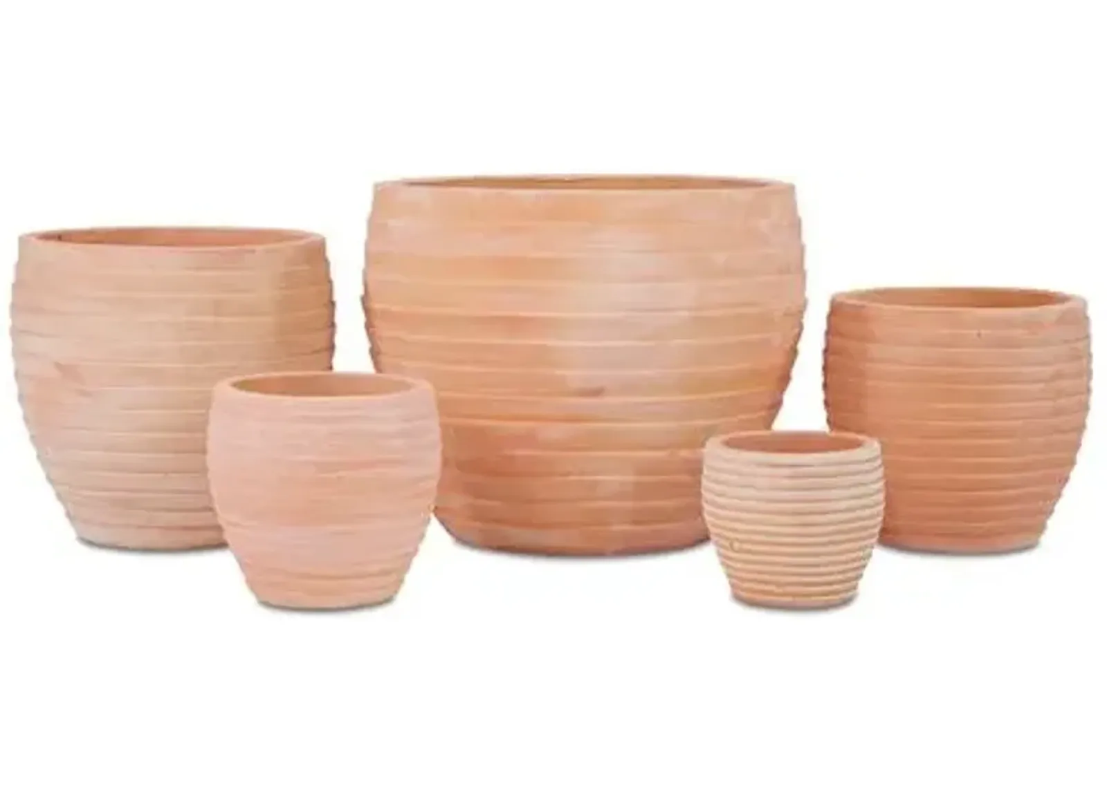 Asst. of 5 Elia Outdoor Planters - Terracotta - Campania International - Brown - small, 10.5"dia x 9.75"h; medium,14.25"dia x 12.5"h; medium-large, 17.75"dia x 16"h; large, 21.75"dia x 20"h; extra-large, 29.5"dia x 23.5"h