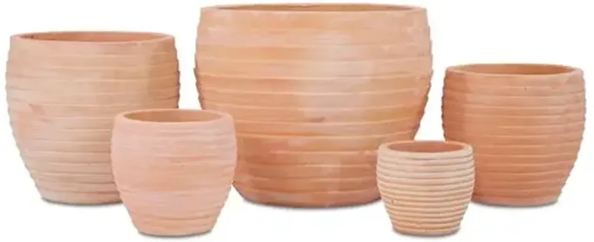 Asst. of 5 Elia Outdoor Planters - Terracotta - Campania International - Brown - small, 10.5"dia x 9.75"h; medium,14.25"dia x 12.5"h; medium-large, 17.75"dia x 16"h; large, 21.75"dia x 20"h; extra-large, 29.5"dia x 23.5"h