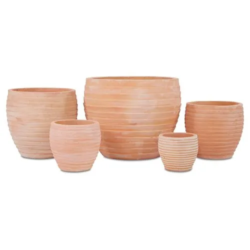 Asst. of 5 Elia Outdoor Planters - Terracotta - Campania International - Brown - small, 10.5"dia x 9.75"h; medium,14.25"dia x 12.5"h; medium-large, 17.75"dia x 16"h; large, 21.75"dia x 20"h; extra-large, 29.5"dia x 23.5"h