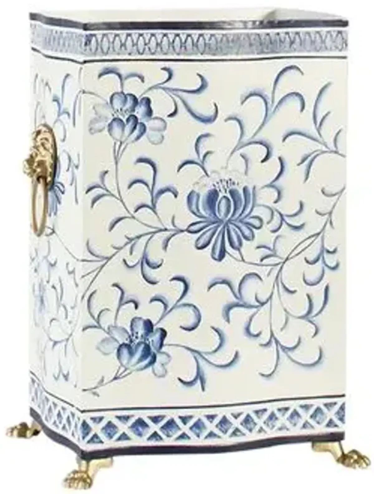 15" Lion Bloom Wastebasket - Cream/Blue - Chelsea House